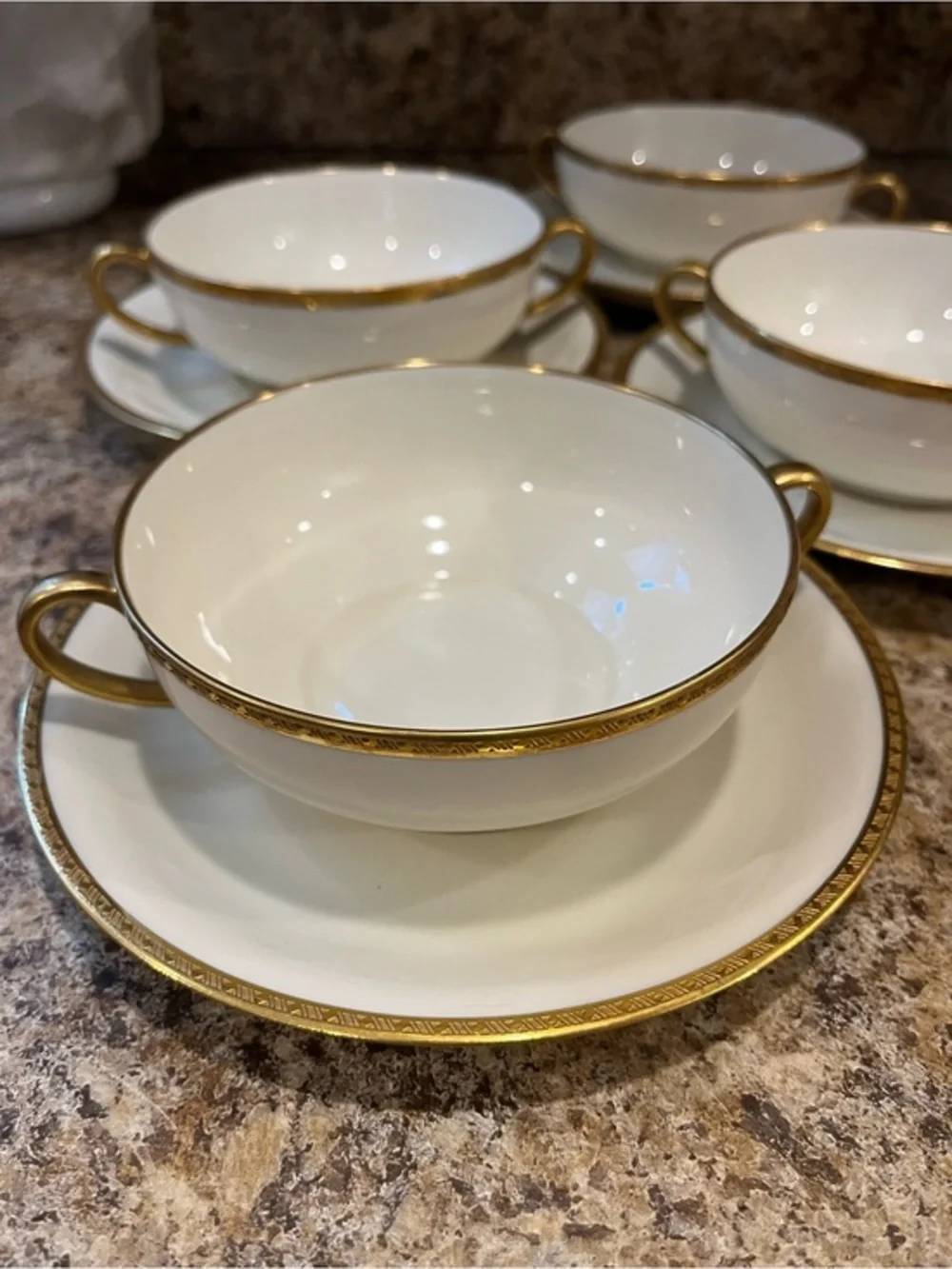 Black Knight Cream and Gold Trimmed Double-Handled Soup Cups with Saucers
